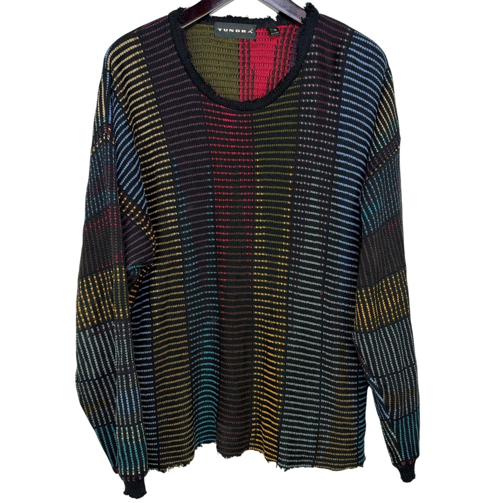 Vintage Tundra Canada Multi Color 3D Knit Distressed Grunge Sweater Mens Large